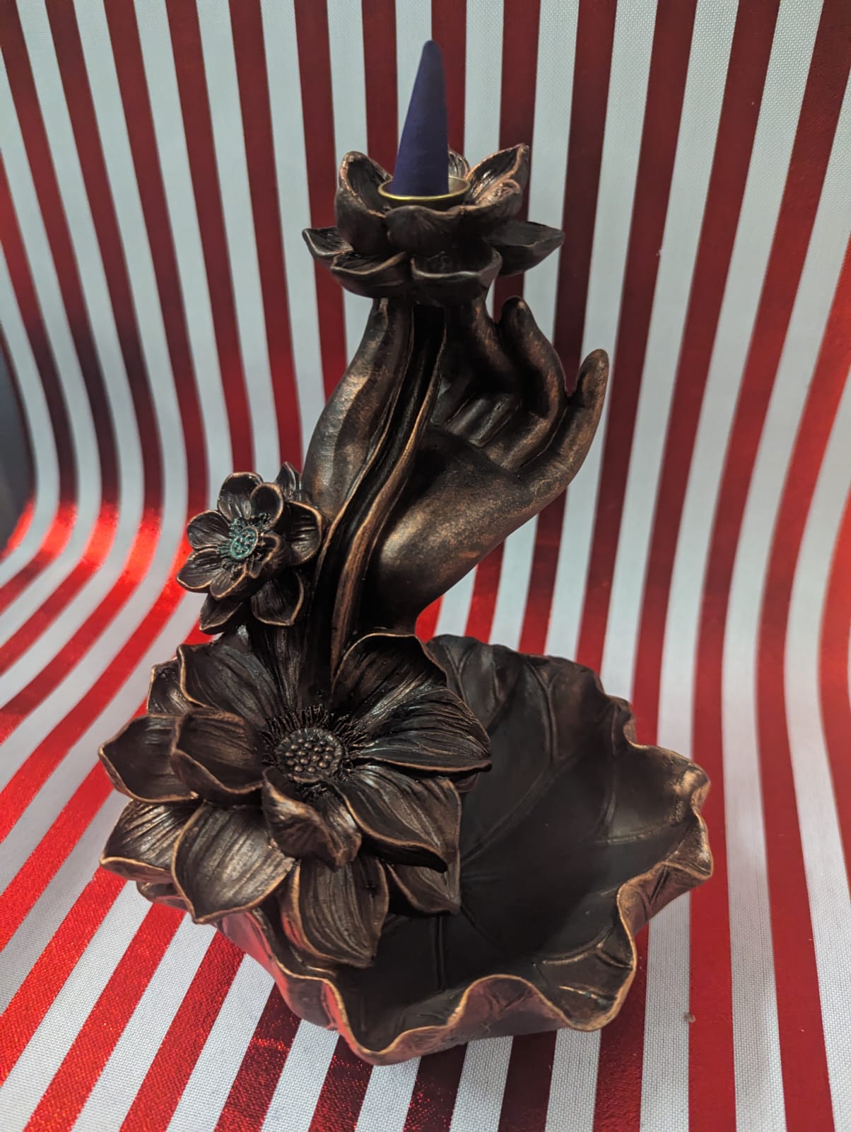 Bronze Effect Hand with Flower Backflow Incense Burner