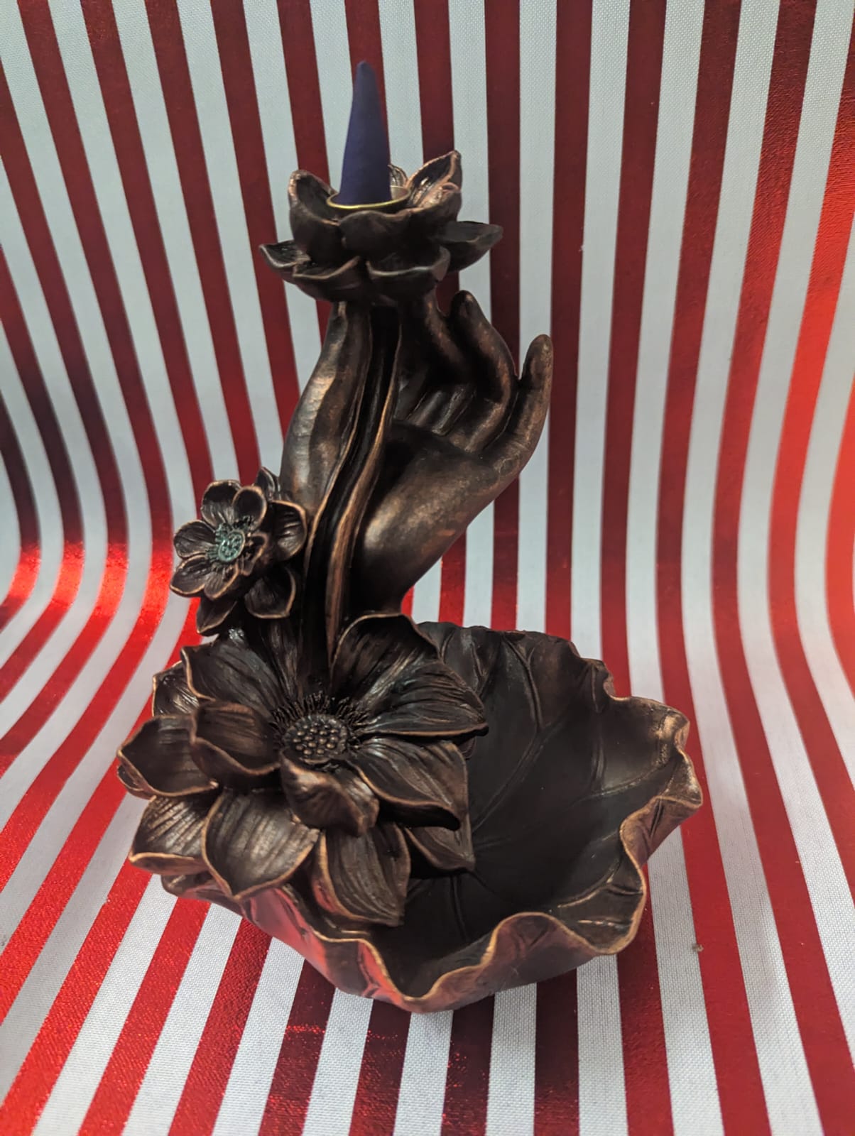 Bronze Effect Hand with Flower Backflow Incense Burner